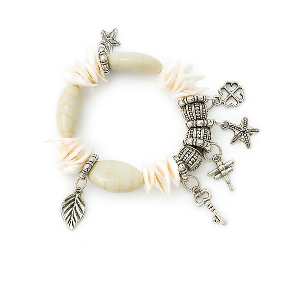 NEW - Cream  Stretch Beaded Bracelet Silver Tone Charms - Picture 2 of 3